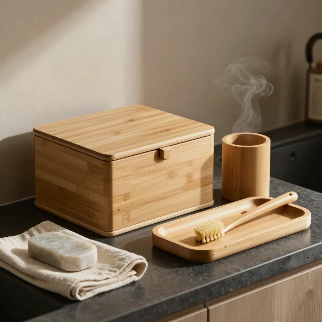 Coffret bambou ouvert avec boîte, support à brosses et plateau sur lavabo sombre, lumière douce.
