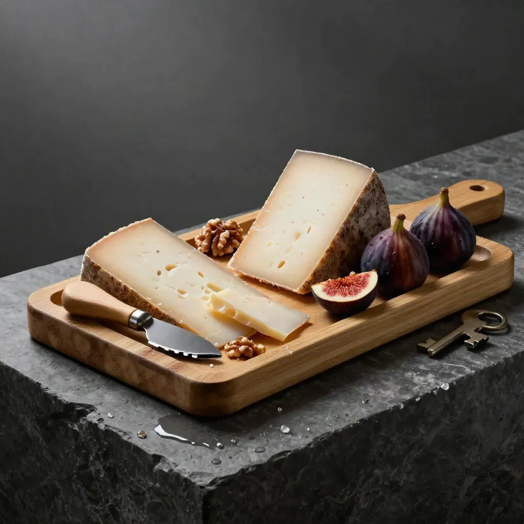 Plateau apéritif en bambou garni de fromage, figues, noix et couteau sur pierre sombre.