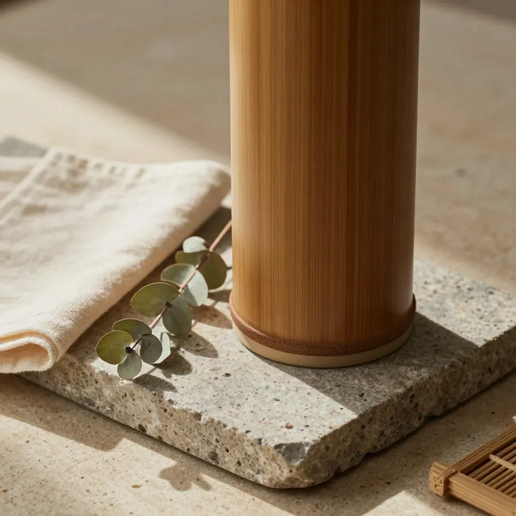 Vase déco en bambou sur socle de pierre avec branche d’eucalyptus, vue du dessus.