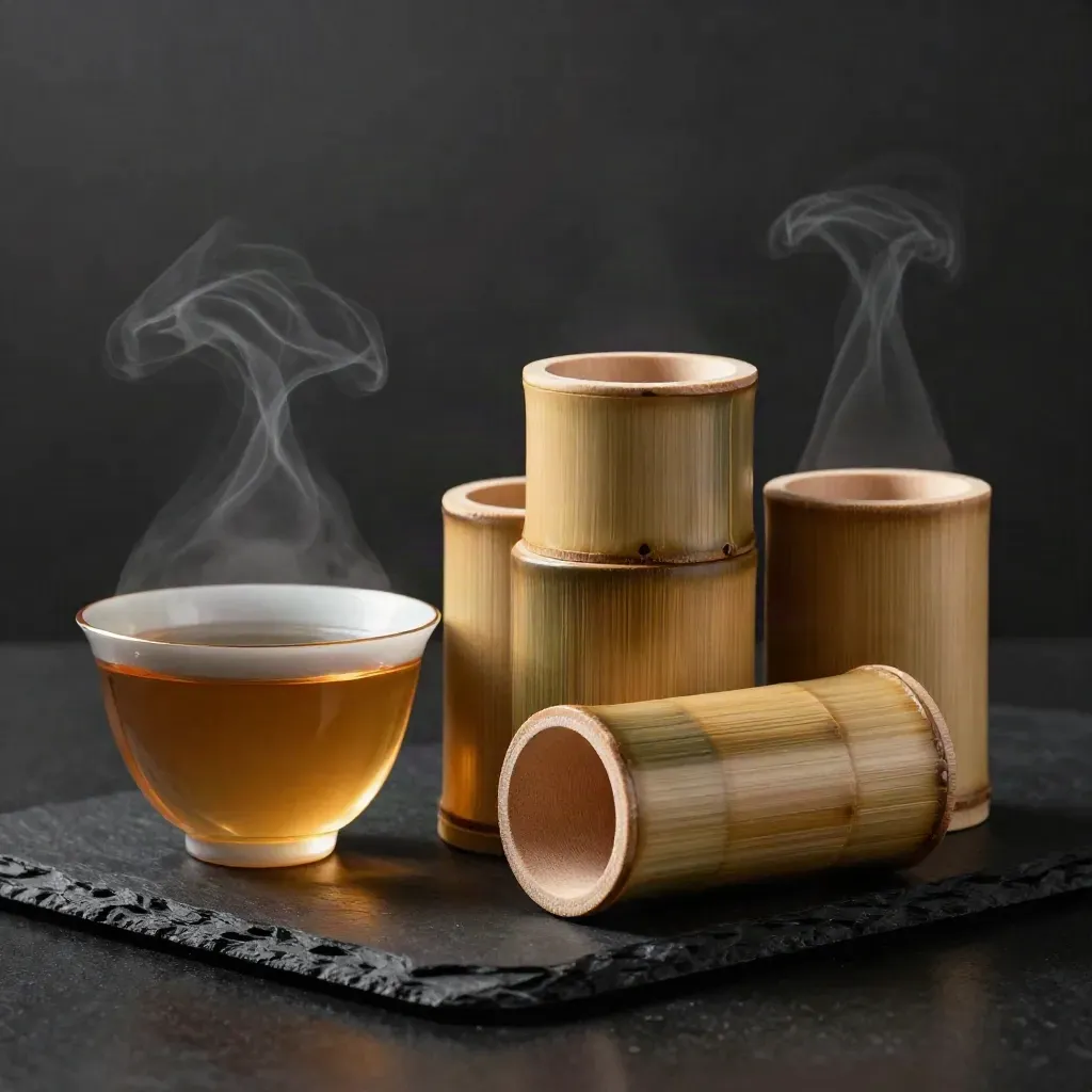 Quatre gobelets en bambou empilés près d’un thé fumant et d’un verre ambré.