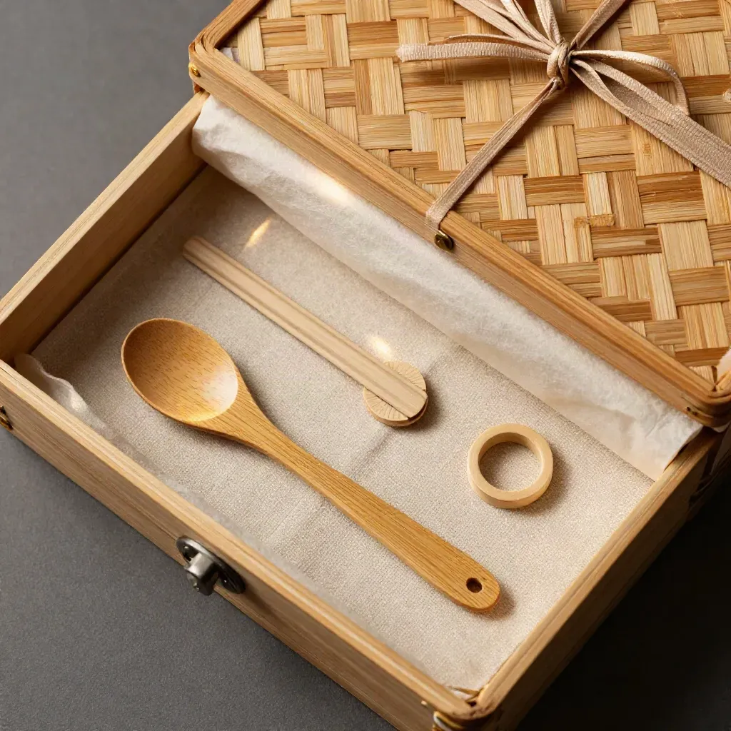 Coffret cadeau en bambou ouvert avec ruban kraft et accessoires sur lin sable, vue plongeante.