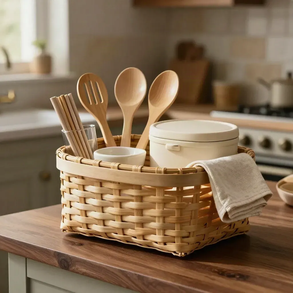 Panier bambou débordant d’accessoires cuisine et salle de bain sur îlot sombre
