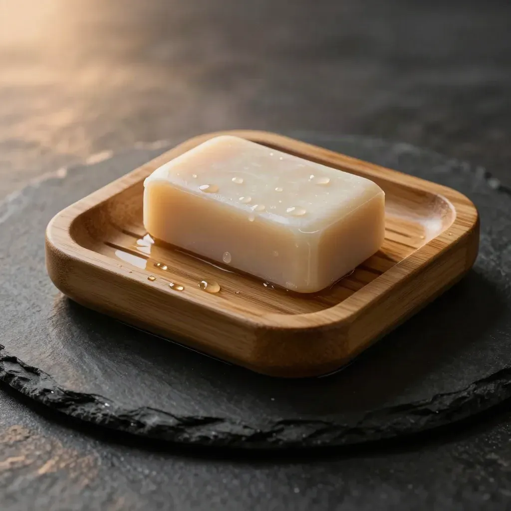 Gros plan d’un porte-savon en bambou rainuré mouillé avec savon crème sur ardoise sombre.