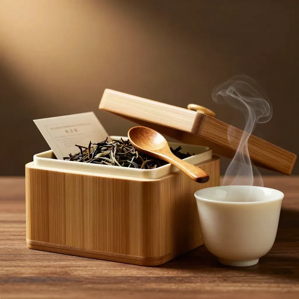 Boîte à thé en bambou ouverte avec sachets, thé en vrac, cuillère et tasse fumante.