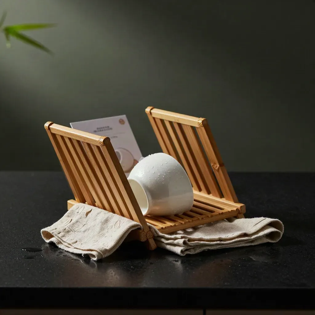 Égouttoir pliant en bambou sur torchon, avec tasse retournée, lumière dramatique.