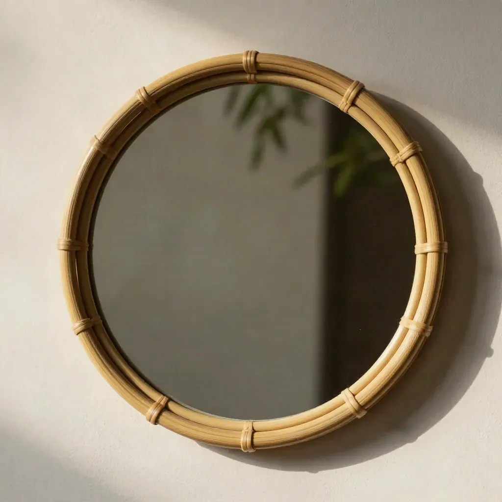 Gros plan d’un miroir mural rond en bambou sur mur de plâtre, reflet flou de feuillage.