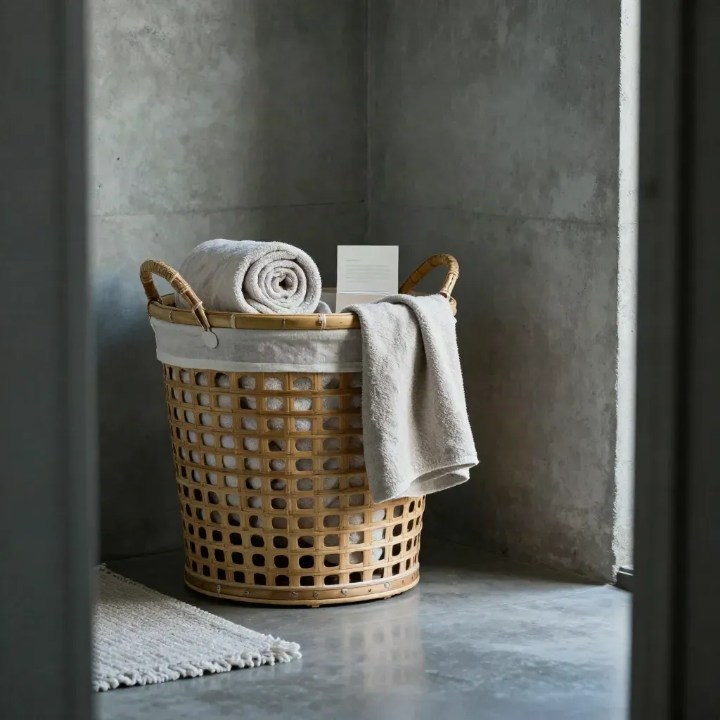 Grand panier à linge en bambou avec serviettes roulées, dans une entrée douce et sombre.