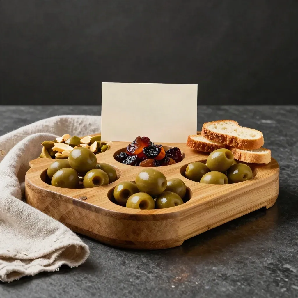 Serviteur apéro en bambou garni d’olives, fruits secs et toasts sur fond sombre élégant
