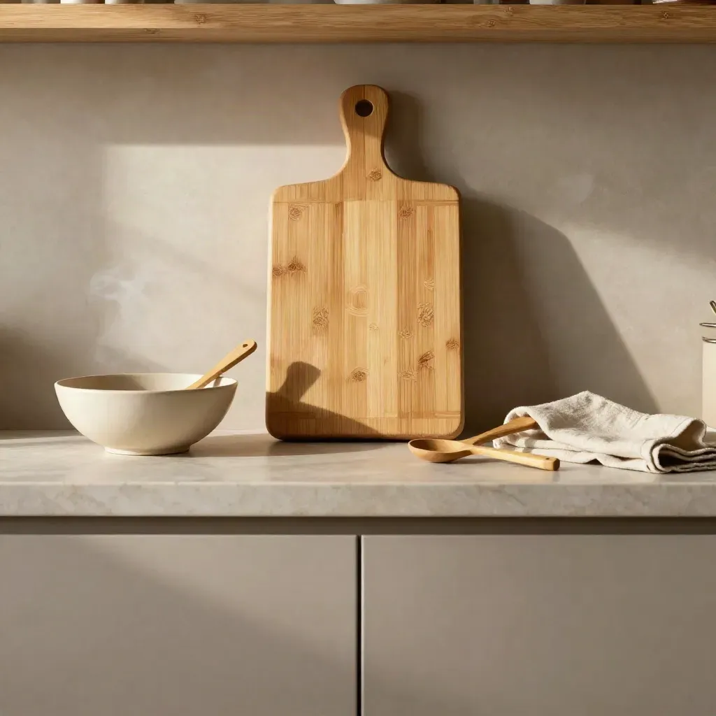 Cuisine en bambou sur marbre crème et chêne clair, avec bol en grès et lumière du matin.