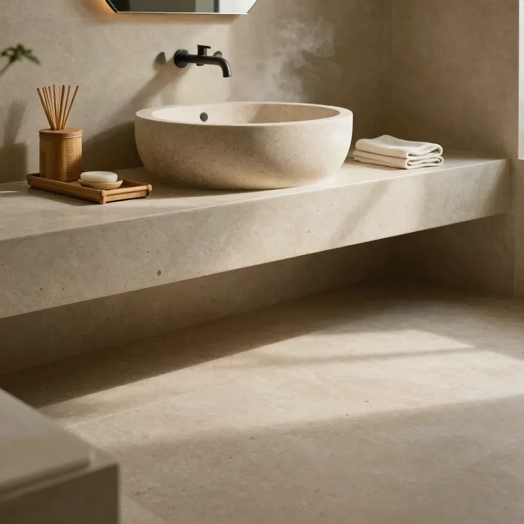 Vasque en travertin avec accessoires en bambou dans une salle de bain brumeuse et lumineuse.