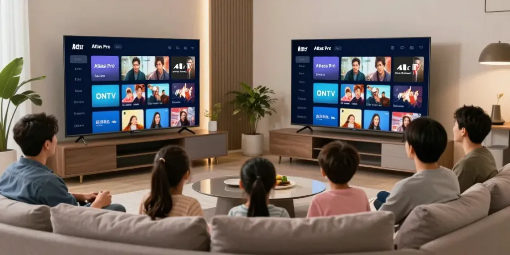 Famille profitant des chaînes Atlas Pro ONTV dans un salon moderne, ambiance chaleureuse.